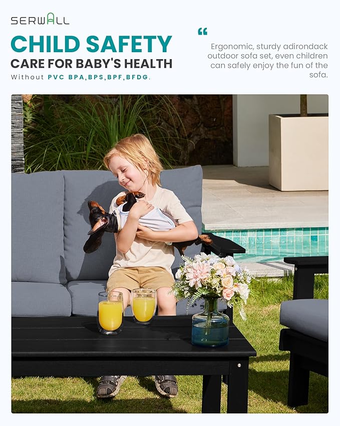 SERWALL HDPE Outdoor Patio Loveseat, Black Frame and Grey Cushion