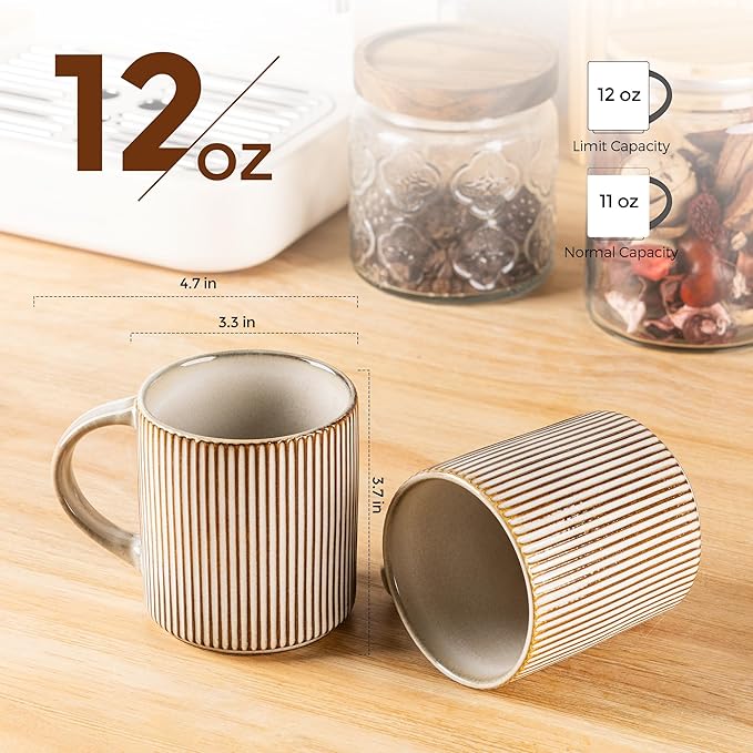 GBHOME 12oz Stoneware Coffee Mugs, Ceramic Coffee Cups with Handle for Man,Woman,Dad,Mom, Modern Coffee Mugs Set of 6 for Latte/Cappuccino/Cocoa/Tea/Cocoa/Milk. Dishwasher&Microwave Safe, Cappuccino