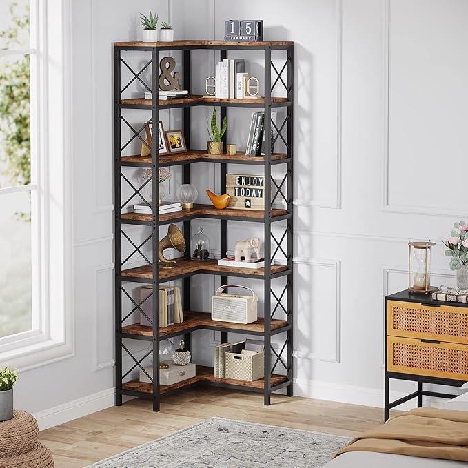 Tribesigns 7-Shelf Corner Bookshelf,Large Modern Corner Bookcase, 7-Tier Tall Corner Shelf Storage Display Rack with Metal Frame for Living Room Home Office (Rustic Brown)