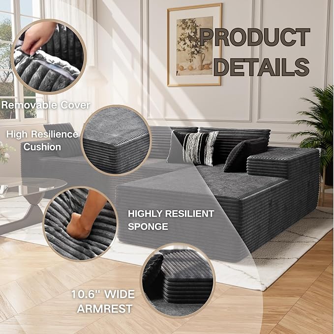 Kingdura 105.5'' Cloud Sectional Couch with L-Shape Chaise, Grey Modern Modular Sofa with Deep Seat, Corduroy Fabric, No Assembly Required, Upholstered Couches for Living Room Bedroom