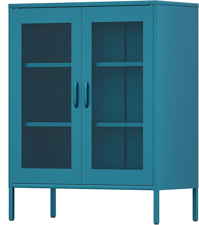 Blue Metal Storage Cabinet with Mesh Doors, Small Office Storage with 2 Adjustable Shelves, Accent Metal Locker for Home, Office, Living Room, Hallway