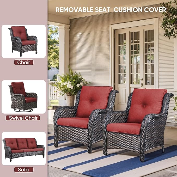 10-Piece Outdoor Patio Cushion Set - Fade & Water Resistant with Removable Olefin Cover, 22x24x4 Inch Memory Foam Cushions for Wicker Sectional Sofa – Red/Buckle