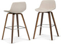 SIMPLIHOME Randolph Counter Stools (Set of 2) - 28 Inch Seat Height Upholstered Bentwood Kitchen Seats in Natural Linen Look Fabric, Mid Century Modern Seating with Curved Backrest and Chrome Footrest