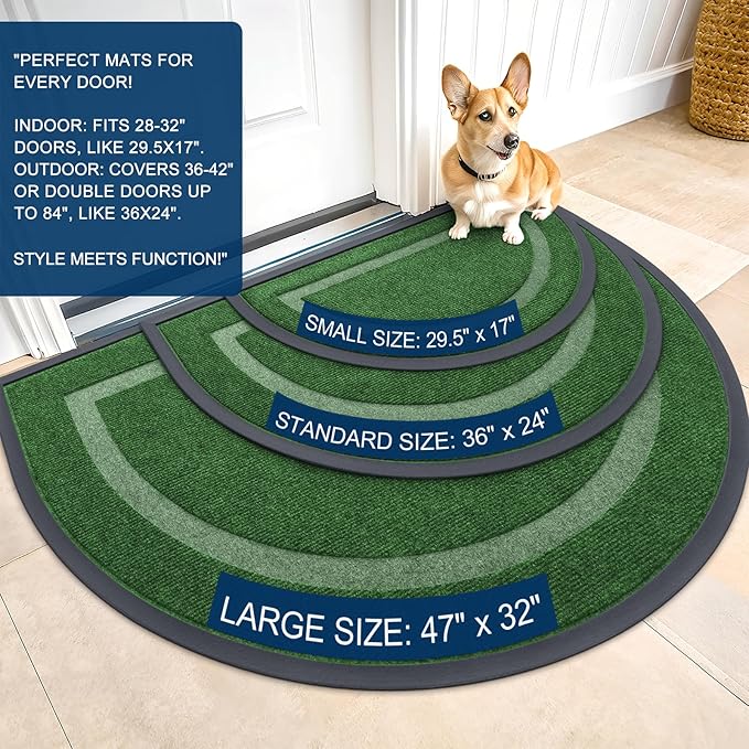 OLANLY Half Circle Door Mat Indoor Outdoor Entrance Welcome, Waterproof All-Season, All-Weather Doormat, Sturdy Natural Rubber, Low Profile, Easy Clean Patio Porch Entryway Mat, 36x24, Green
