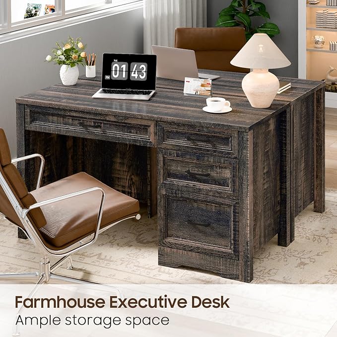 Vabches Farmhouse Executive Desk with Storage and Ample File Drawer, Rustic Large Home Writing Desk for Bedroom, Dark Oak