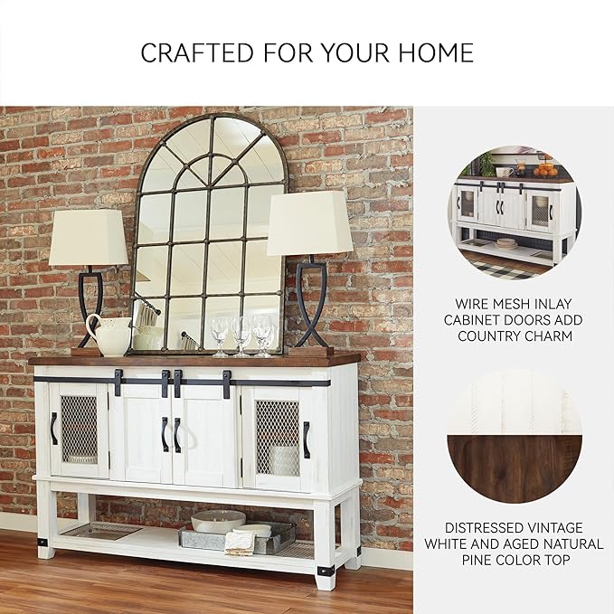 Signature Design by Ashley Valebeck Farmhouse Dining Room Server or Buffet Cabinet, White & Brown