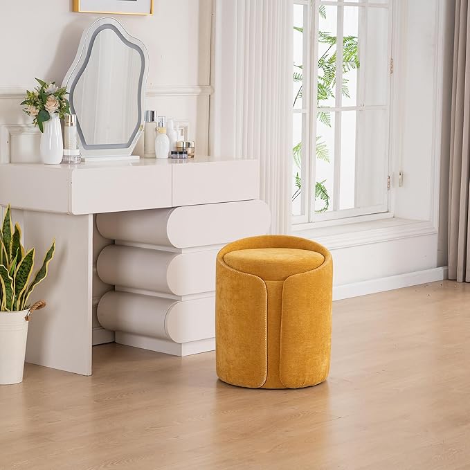 Swivel Vanity Stool with Gold Base Comfy Vanity Chair Modern Round Stool for Makeup Vanity Ottoman Foot Rest for Bedroom livingroom, Yellow