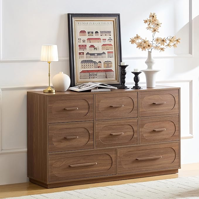 Modern 8 Drawer Dresser for Bedroom, 54" Wide Dressers & Chest of Drawers w/Solid Wood Handle, Wood Mid Century Closet Organizers and Storage Cabinet for Bedroom, Living Room, Hallway, Walnut