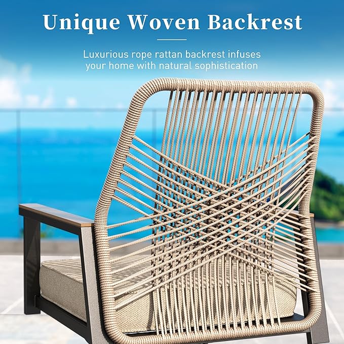 Patio Dining Chairs Set of 2, Heavy-Duty Woven Rope Outdoor Chairs with Waterproof Cushion and Wrought Iron Frame, All-Weather Outside Seating for Kitchen Garden Deck Backyard
