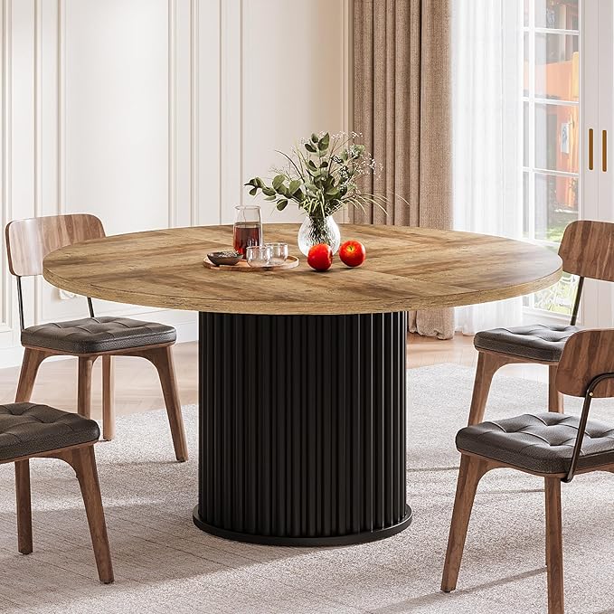 Tribesigns Round Dining Table for 4-6, 47-Inch Modern Circle Kitchen Table with Fluted Round Base, Farmhouse Wood Dinner Table for Dining Room, Kitchen, Living Room, Brown and Black