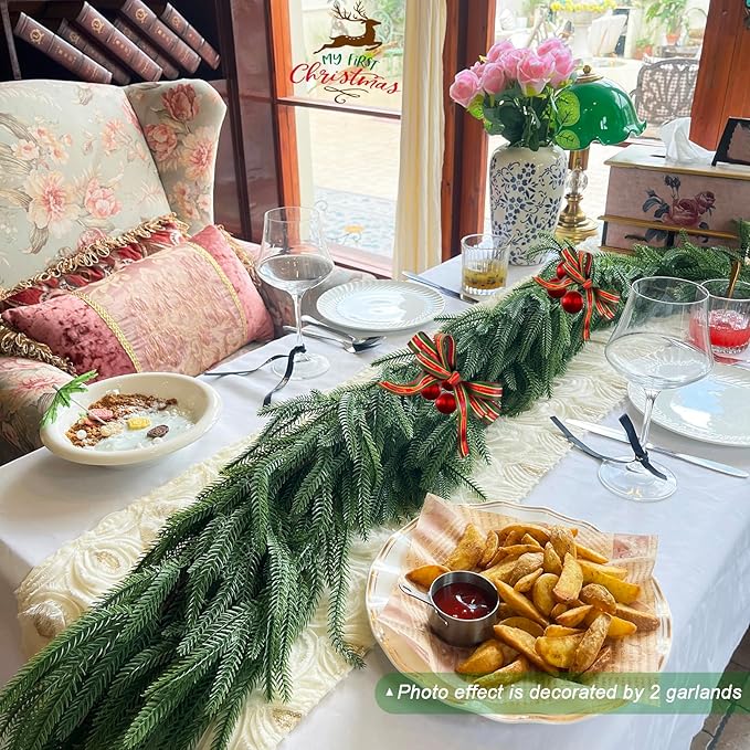 Christmas Garlands Norfolk Pine - Real Touch Pine Garlands - Garlands Christmas Decorations for Home Dining Table Mantel Porch Winter Christmas Decor(9ft)