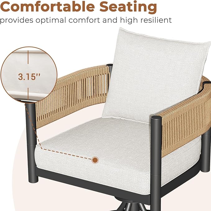 Grand patio Outdoor Dining Set, 7-Piece Patio Table and Chairs Set, Metal Woven Wicker Swivel Patio Chairs with Thickened Cushions & 1 Rectangular Woodgrain Dining Table with Umbrella Hole (Natural)