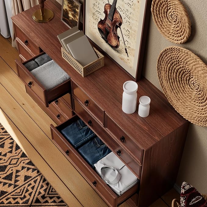 10 Drawers Dresser for Bedroom, 55.2 Inches Large Dressers Mid Century Modern Cherry Wood Chest of Drawers,Storage Organizer Furniture, Hallway, Entryway, Closet, Cherry Wood