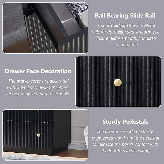 Fluted Dresser for bedroom, 55"W Black 8 Drawer Dressers, Wood Tall Dresser Storage Organizer, Modern Bedroom Chest of Drawers with Deep Storage for Closet Hallway, Entryway, Living Room Black