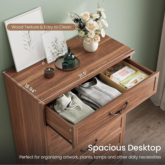 DICTAC Farmhouse 6 Drawers Dresser for Bedroom, 48.2" Tall Dressers Chest of Drawer, Large Storage Closet Organizer with Natural Texture and Vintage Metal Handle, Wooden Vertical Dresser for Hallway