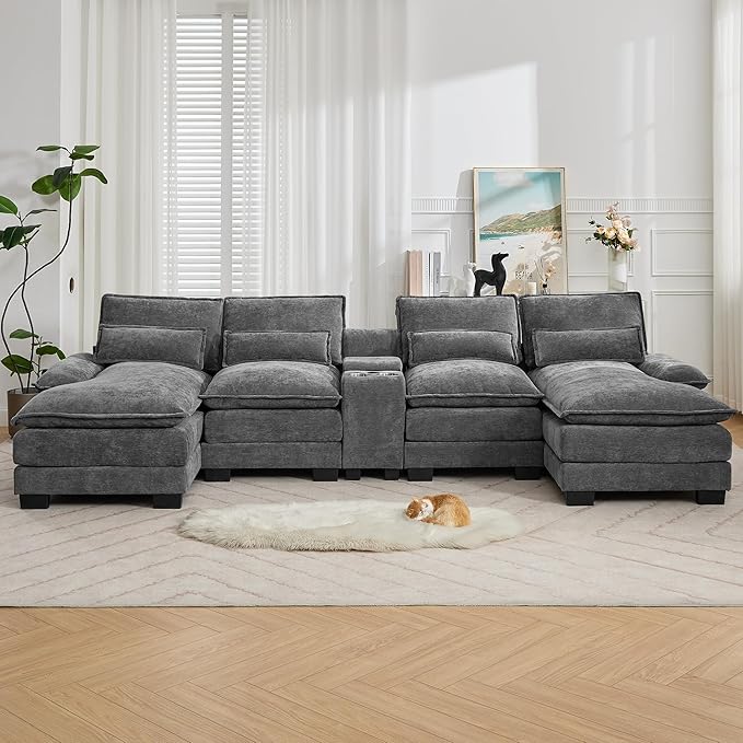 125'' U Shaped Cloud Modular Sofa with Chaise Lounges, Chenille Upholstered Comfy Sectional Couch with Storage Console, USB Charging Ports & Cup Holders, Modern Deep Seat Sofa for Living Room, Grey