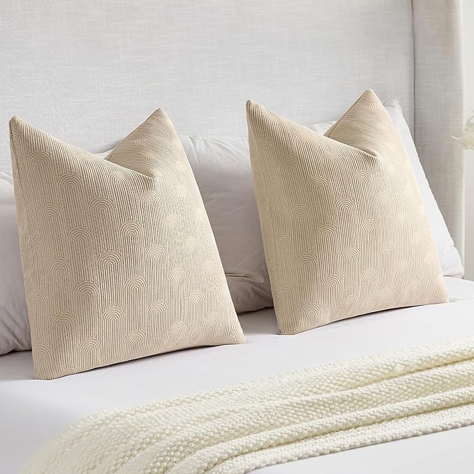 FUTEI Oatmeal Chenille Decorative Throw Pillow Covers 18x18 Inch Set of 2,Soft Cozy Striped Geometric Patterns Cushion Case,Modern Home Decor for Couch Bed Living Room