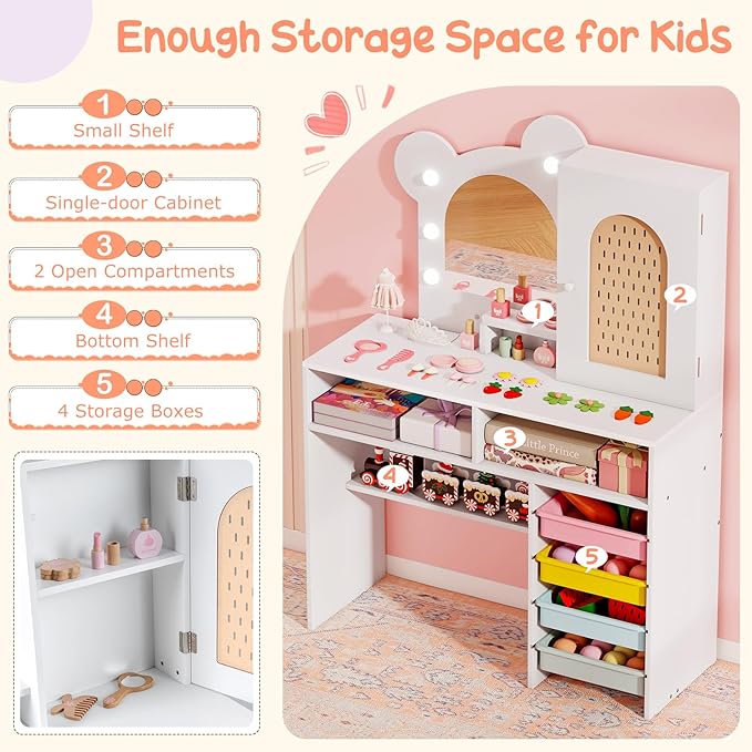 Costzon Kids Vanity with Lights, Girls Vanity Set with Mirror, Storage Drawers, Cabinet & Shelves, Toddler Makeup Vanity Desk Dressing Table, Wooden Kids Vanity Table and Chair Set (White)