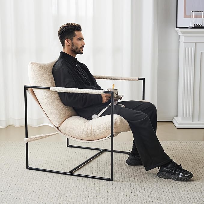 Furnilivng Large Sling Accent Chair, Comfortable Boucle Fabric Arm Chair, Upholstered Cozy Reading Chair for Living Room, Bedroom, Dressing Room, Home Office, White