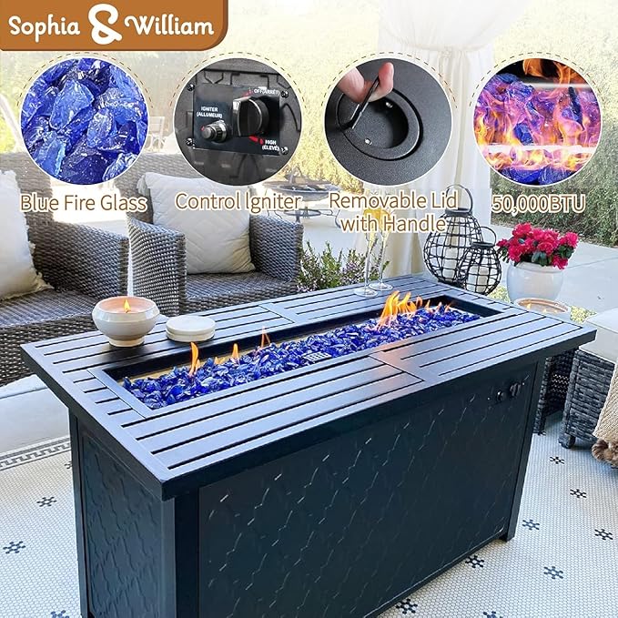 Sophia & William Patio Furniture Sets for 7 with Fire Pit Table 45", Outdoor Patio Furniture Set 8 Pcs, Convesation Set with 4 x High Heavy Sofa Chairs, 1x3-Seat Sofa, for Porch Poolside Blue