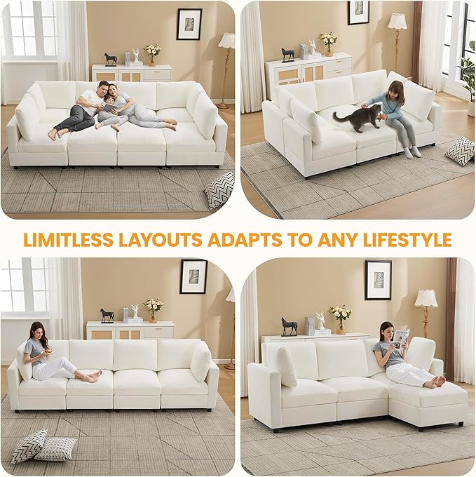3-Seater Modular Sectional Cloud Sofa with Ottoman, L-Shaped Couch for Living Room, Modern Convertible Deep Seats Sofa, Chenille Beige