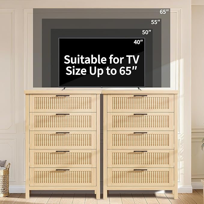 GarveeHome Fluted 5 Drawer Tall Dresser for Bedroom, 42.9 in Chest of Drawers, Wooden Dresser Chest with Clothes Storage Cabinet, Drawer Organizer, TV Stand for Bedroom, Living Room, Hallway, Natural