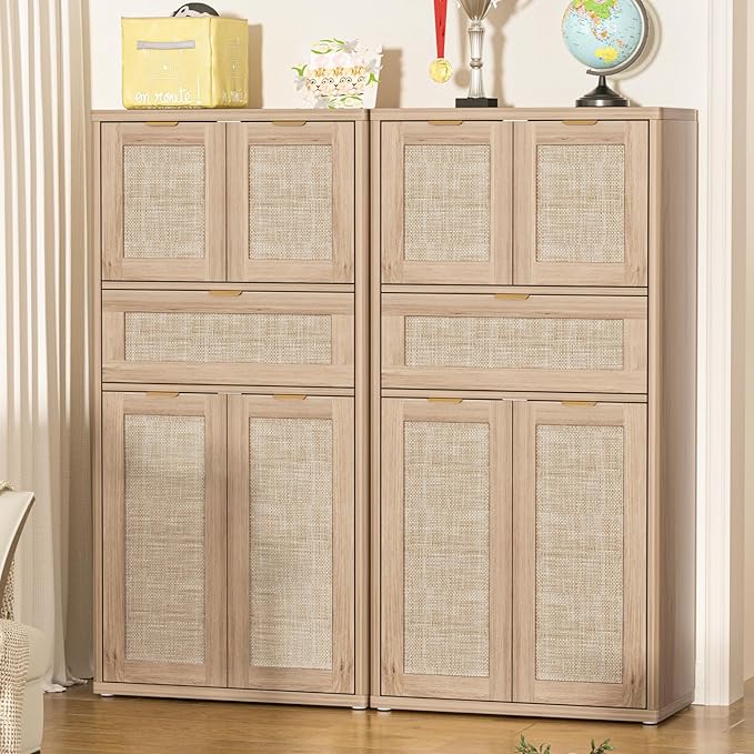 LEYAOYAO 48" Tall Storage Cabinet Set of 2,Rattan Bathroom Floor Cabinets with 4 Doors & 1Drawer,Boho Kitchen Pantry with Adjustable Shelves,Wooden Cupboard for Living Room,Home Office,Natural Wood