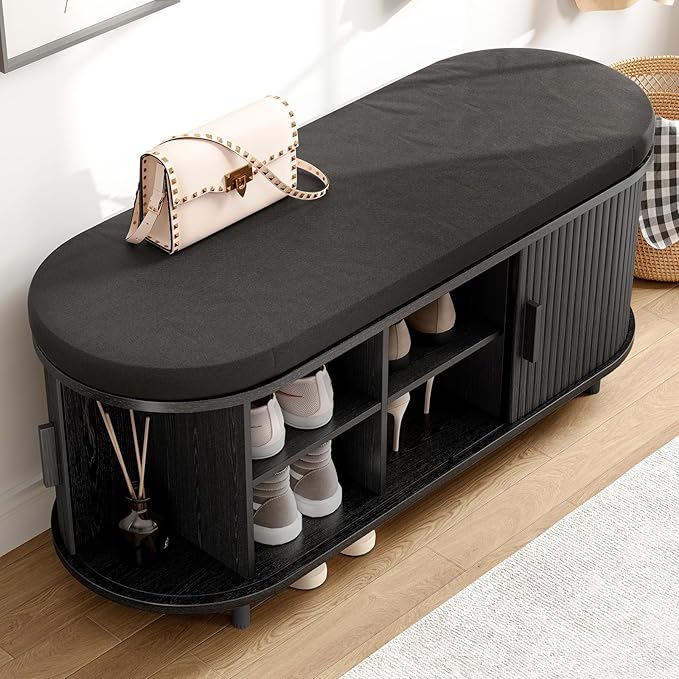 ONBRILL 43" Shoe Bench with Storage, Fluted Shoe Storage Bench with Cushion, Sliding Door and Adjustable Shelf, for Entryway, Hallway, Living Room (Black)