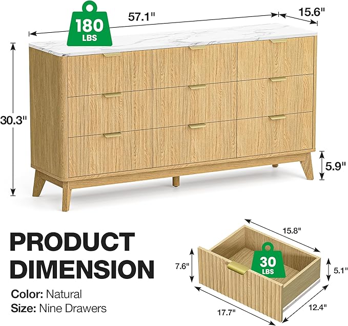 Fluted 9 Drawer Dresser, 57" Wide Chest of Drawers with Faux Marble Top,Modern Dresser TV Stand, Wood Closet Clothes Storage Organizer with Curved Edges for Bedroom, Living Room, Natural