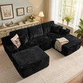 106" Cloud Sectional Couch with L-Shape Chaise & Ottoman, No Assembly Modular Sofa, Deep Seat Plush Corduroy Boneless Couched for Living Room (Black Plush Corduroy, Right Facing Chaise with Ottoman)