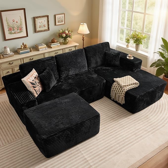 106" Cloud Sectional Couch with L-Shape Chaise & Ottoman, No Assembly Modular Sofa, Deep Seat Plush Corduroy Boneless Couched for Living Room (Black Plush Corduroy, Right Facing Chaise with Ottoman)