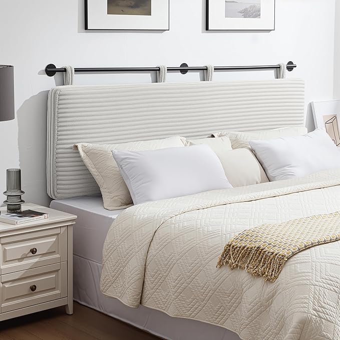 UEV Queen Headboard Only, Wall Mounted Hanging Upholstered Bed Head Board, Modern Vertical Channel Design of Fine Flannel, Elegant Beige Fluted Headboard for Bedroom (Beige, Queen Size)