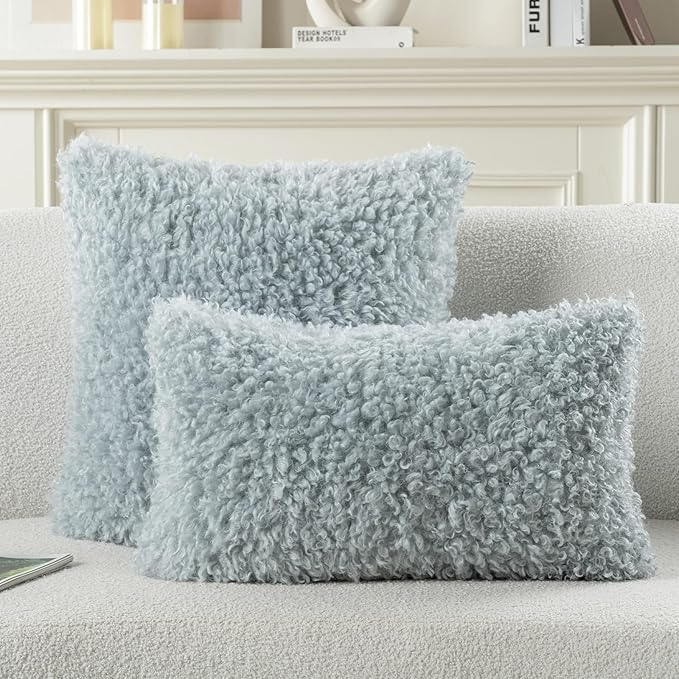 FUTEI Light Blue Decorative Throw Pillow Covers 22x22 Inch Set of 2,Soft Fluffy Faux Wool Fur Boucle Textured Cushion Case,Modern Home Decor for Couch Bed Living Room Office