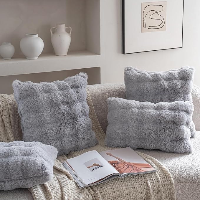 Neelvin Gray Faux Fur Cozy Soft Double-Sided Decorative Throw Pillow Covers 18x18 inch Set of 2,Velvet Pillowcase Cushion Case for Sofa Couch