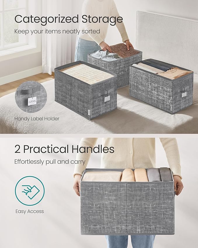 SONGMICS Storage Cubes, 19.7 x 11.8 x 11.8 Inches Non-Woven Fabric Bins with Double Handles, Set of 3, Closet Organizers for Shelves, Foldable, for Clothes, Cattail Gray UROB450G01