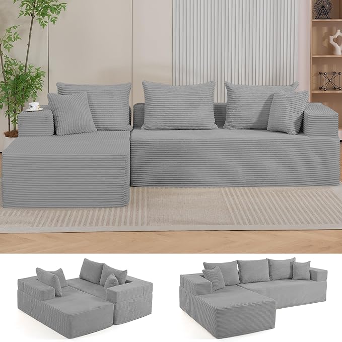 105" Cloud Sectional Couch, Modular Sectional Sofa with L-Shape Chaise, Corduroy Boneless Couches for Living Room, No Assembly, Grey