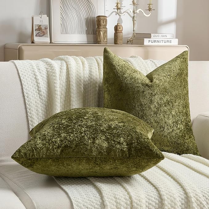 FUTEI Moss Green Flannel Throw Pillow Covers 20x20 Inch Set of 2,Soft Dimensional Textured Cushion Cases,Modern Home Decor for Couch Living Room