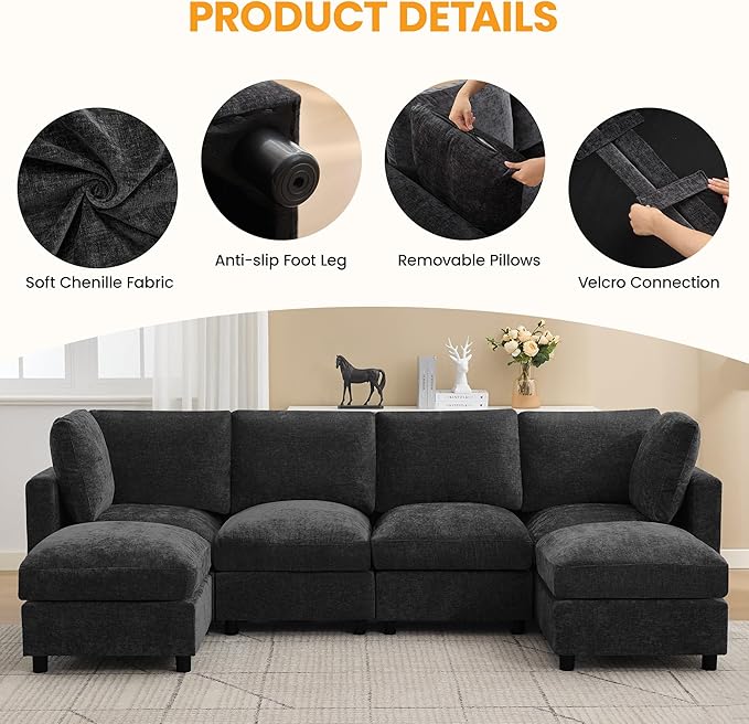 4-Seater Modular Sectional Cloud Sofa with Ottoman, Convertible L-Shaped Couch for Living Room, Modern Deep Seat Modular Sofa, Chenille Dark Grey