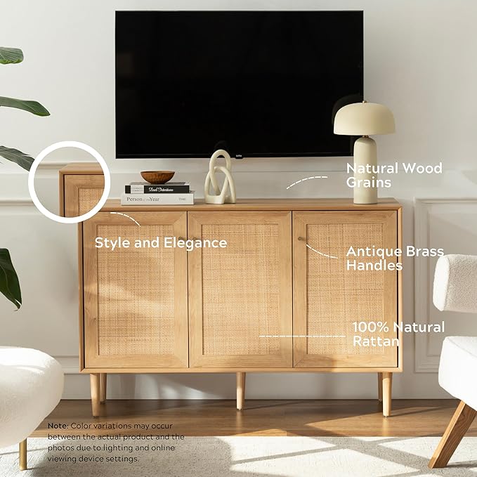 Rattan Storage Cabinet with 3 Doors, Boho Sideboard Buffet Cabinet Solid Wood Farmhouse Credenza Cabinet with Adjustable Shelves for Living Room Kitchen Entryway Hallway, Natural Oak