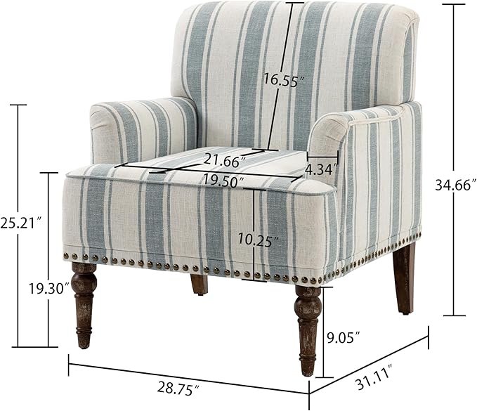 UIXE Stripe Accent Chairs Set of 2, Living Room Arm Chair Modern Nailhead Trim Club Armchair, Comfy Upholstered Sofa Lounge Seat Reading Seat Bedroom Side Seating for Home Office, Blue