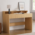 47" Fluted Office Desk with Storage Shelf, Modern Wood Executive Desk with Long Monitor Stand & 2 Drawers, Home Writing Study Computer Table Vanity Desk, Natural Oak