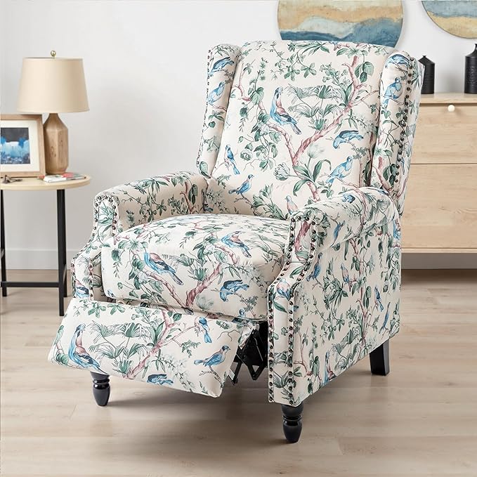 UIXE Pushback Floral Recliner Chairs Set of 2, Fabric Upholstered Armchair Push Back Accent Chair for Living Room, Rivet Trim Club Chair Home Theater Single Sofa Bedroom Side Reading Seat - Bird