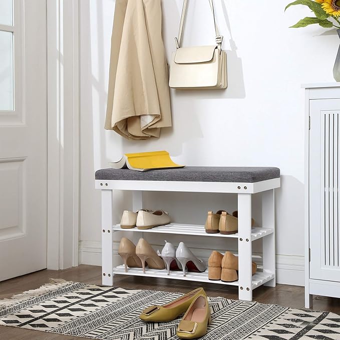 SONGMICS Bamboo Shoe Bench, 3-Tier Shoe Rack Organizer for Entryway, Living Room, Bench Seat Holds Up to 300 lb, 11.9 x 28.3 x 19.2 Inches, Cloud White and Slate Gray ULBS604W01