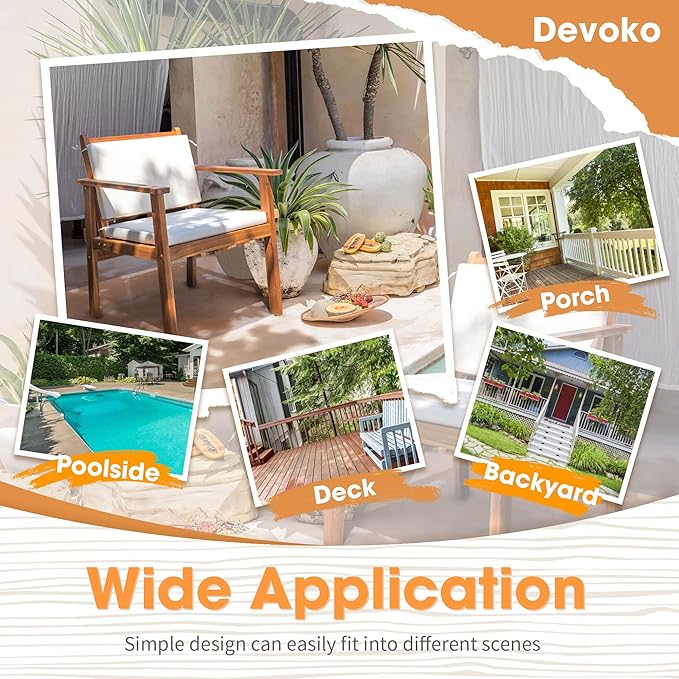Devoko Patio Set 3 Piece Acacia Wood Outdoor Furniture Conversation Seat with Table & Cushions Porch Chairs for Balcony, Deck, Backyard