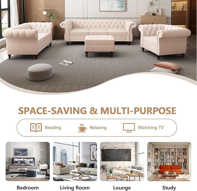 Home Sofa Living Room Furniture, 3 Seater 84" Velvet Upholstered Couch, Mid Century Modern Comfy Couch with Cushions, Classic Tufted Chesterfield Couches for Bedroom, Office, Apartment (Beige)