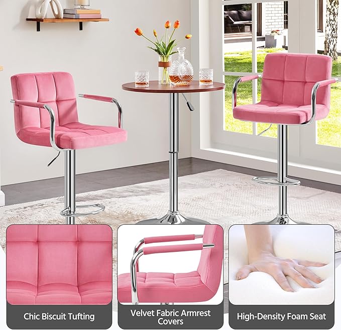 Yaheetech Bar Stools Set of 2, Adjustable Velvet Fabric Swivel Barstools, Modern Counter Stools with Back and Footrest, Counter Height Barstools for Bar, Kitchen, Dining Room, Pink