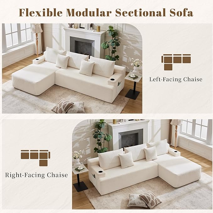 106" Cloud Sectional Couch, Modular Sectional Sofa with L-Shape Chaise, Corduroy Boneless Couch with Deep Seat, Upholstered Sofa for Living Room, No Assembly Required(Left-Facing Chaise, White)