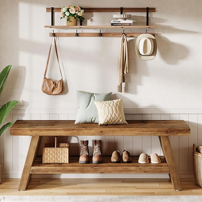 2-Tier Entryway Bench, Hallway Foyer Solid Wood Seating with Open Shelves, Wooden Shoe Bench Indoor for Entryway, Living Room, Bedroom (Rustic Brown)