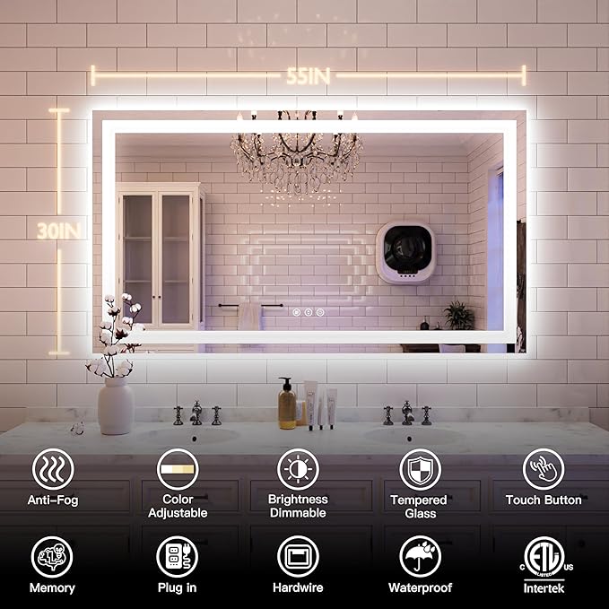 ISKM 55'' x 30'' LED Mirror for Bathroom Lighted Vanity Mirror for Wall Front Lights + Backlit LED Bathroom Mirror Anti-Fog Tempered Glass ETL Listed