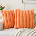 FUTEI Orange Decorative Throw Pillow Covers 18x18 Inch Set of 2, Square Soft Faux Rabbit Fur Thick Striped Cushion Cover,Winter Home Decor for Couch Bed Living Room